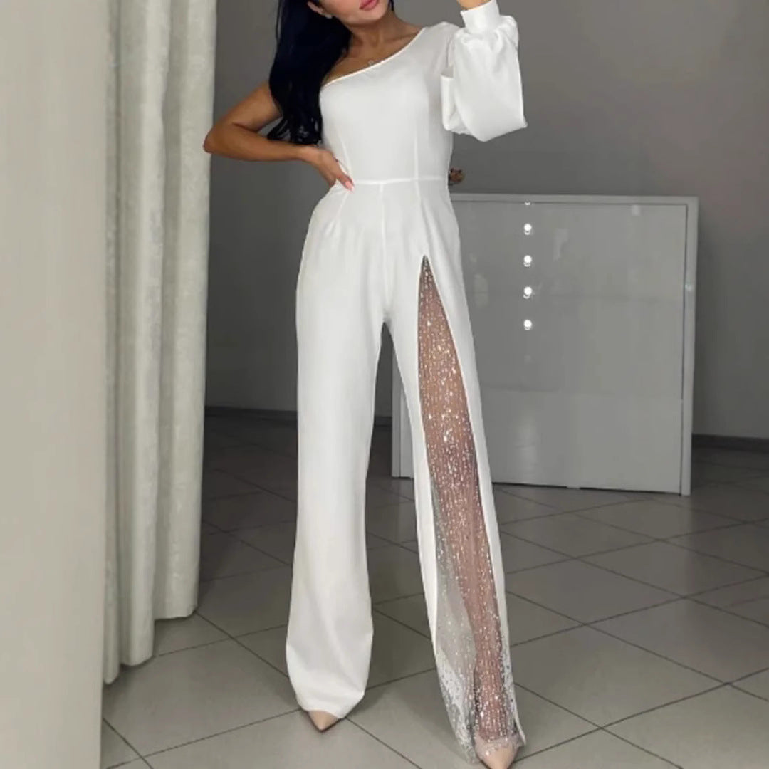 Elegant white one-shoulder jumpsuit with sparkly slit ideal for fashion and ملابس trends