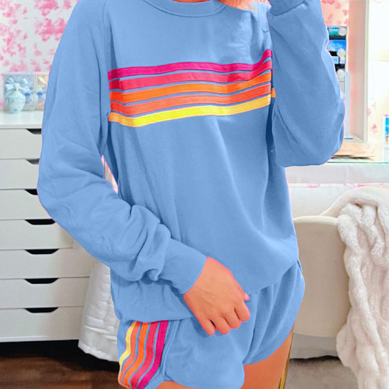Light blue sweatshirt with rainbow stripes in Langry fashion two-piece set ملابس