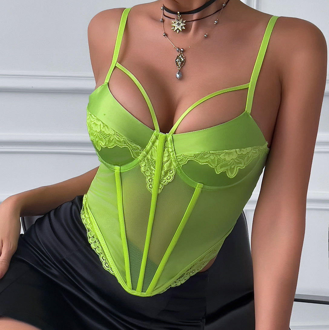 Neon green lace-trimmed corset top from Fluorescent Satin Lace Deep V Plunge Bandage Party Camisole showcasing langry fashion and ملابس style