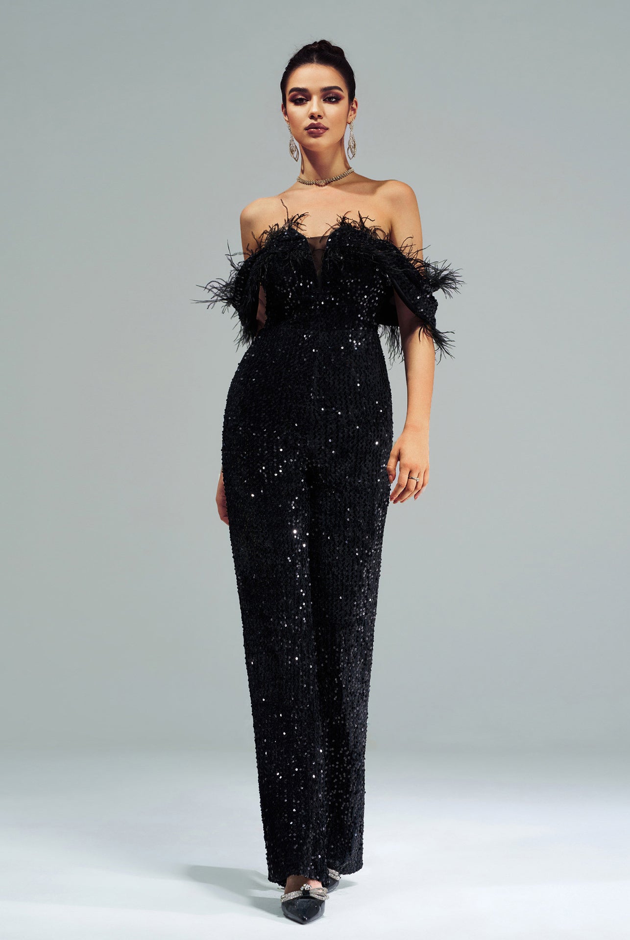 Elegant black feathered evening gown from High End Cocktail Jumpsuit, perfect for luxury fashion events