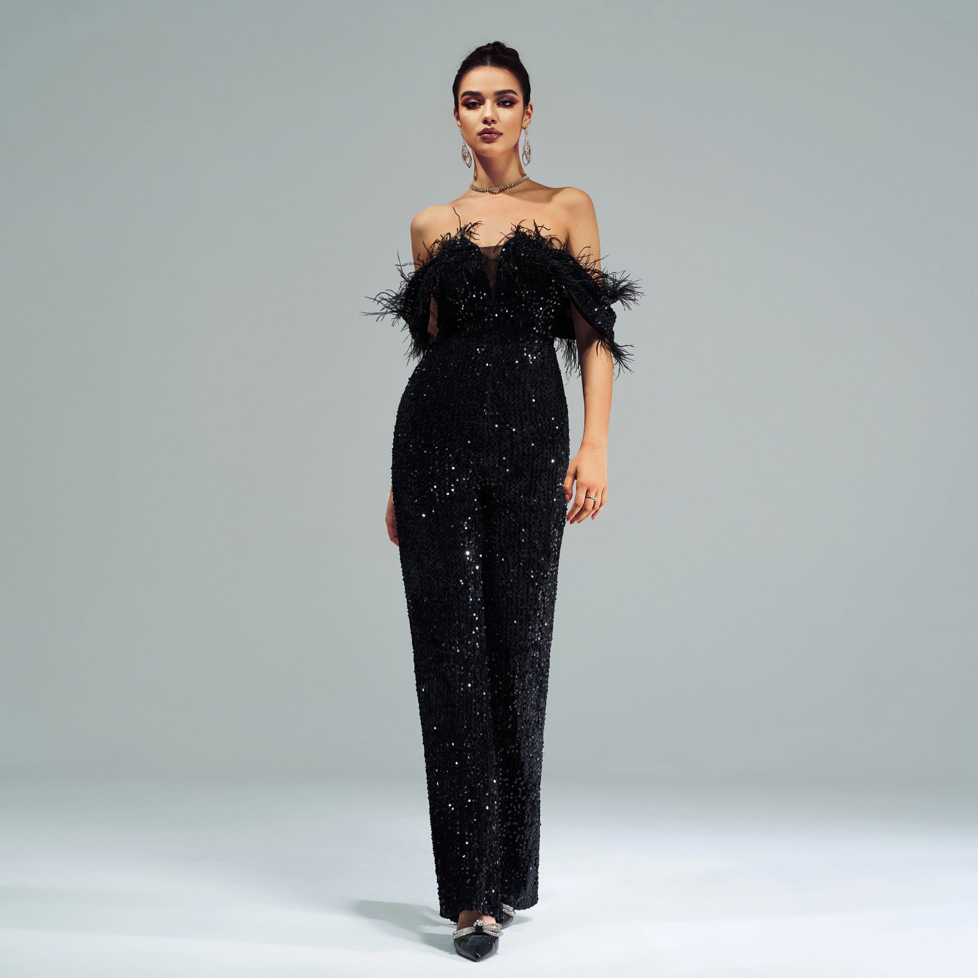 Elegant black feathered evening gown from High End Cocktail Jumpsuit, perfect for luxury fashion events
