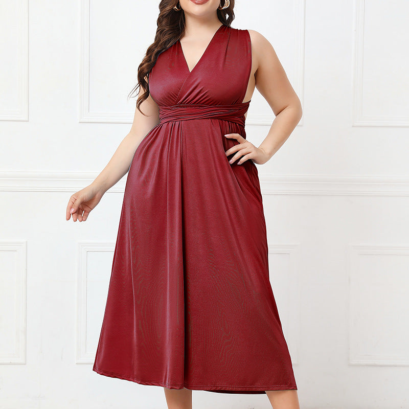 Burgundy sleeveless midi dress from Elegant Cross Backless Lace up Dress, perfect for luxurious fashion and ملابس