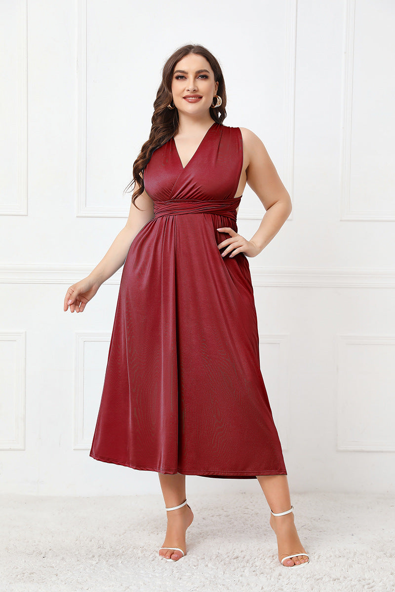 Burgundy sleeveless midi dress from Elegant Cross Backless Lace up Dress, perfect for luxurious fashion and ملابس