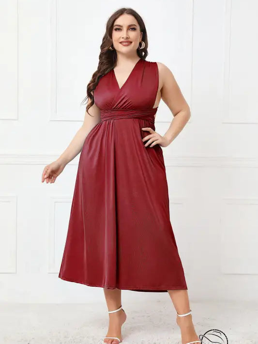 Burgundy sleeveless midi elegant cross backless lace up dress