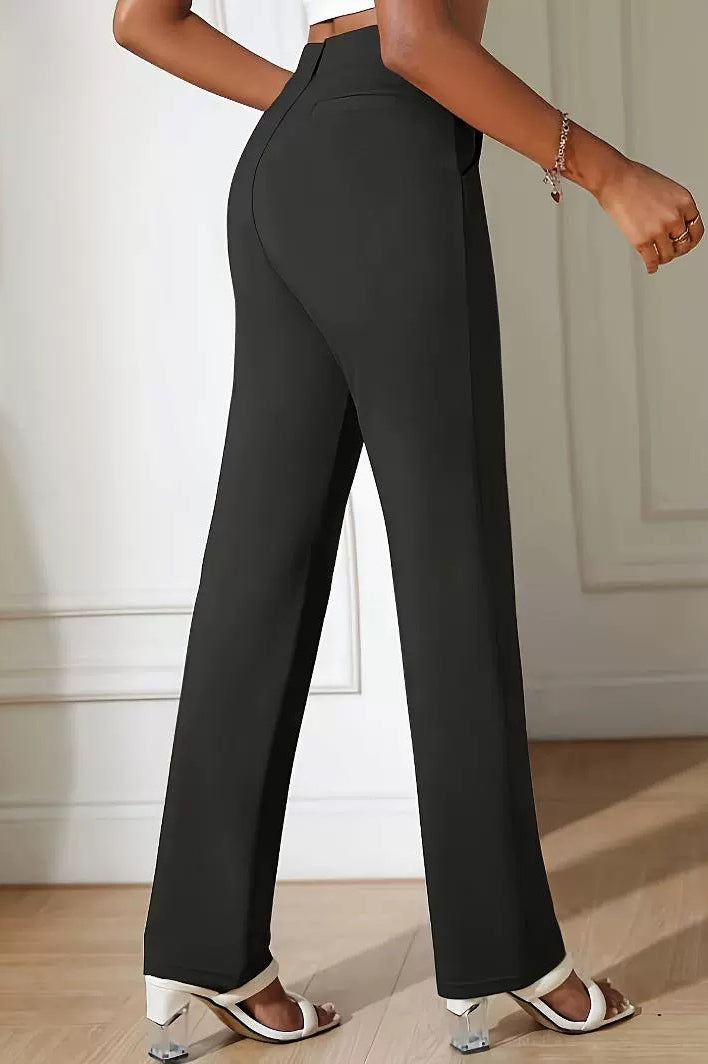 Black high-waisted straight-leg dress pants for casual office fashion by Langry