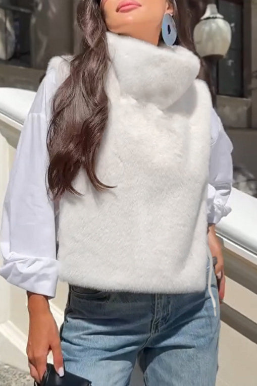 Langry white faux fur vest with high plush collar, fashion sleeveless top