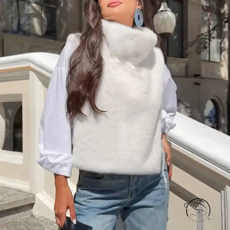 White langry faux fur vest with high plush collar, fashion top