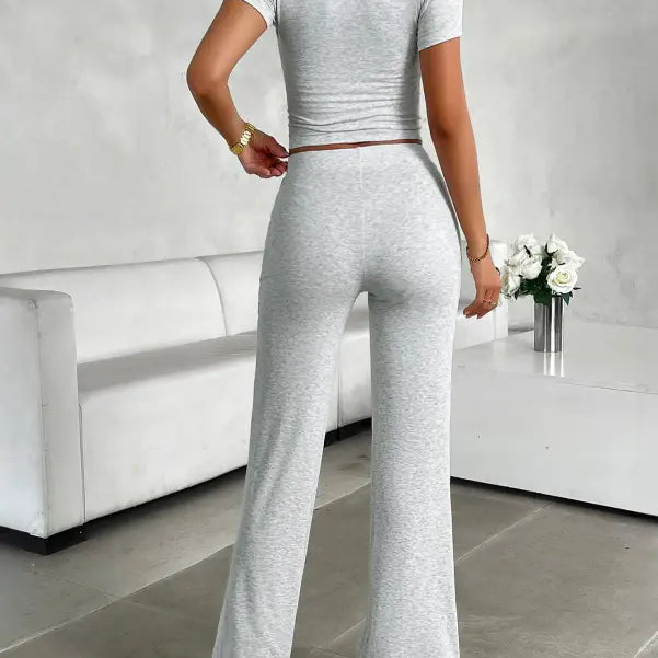Gray heathered langry fashion two-piece loungewear set with cropped top and wide-leg pants
