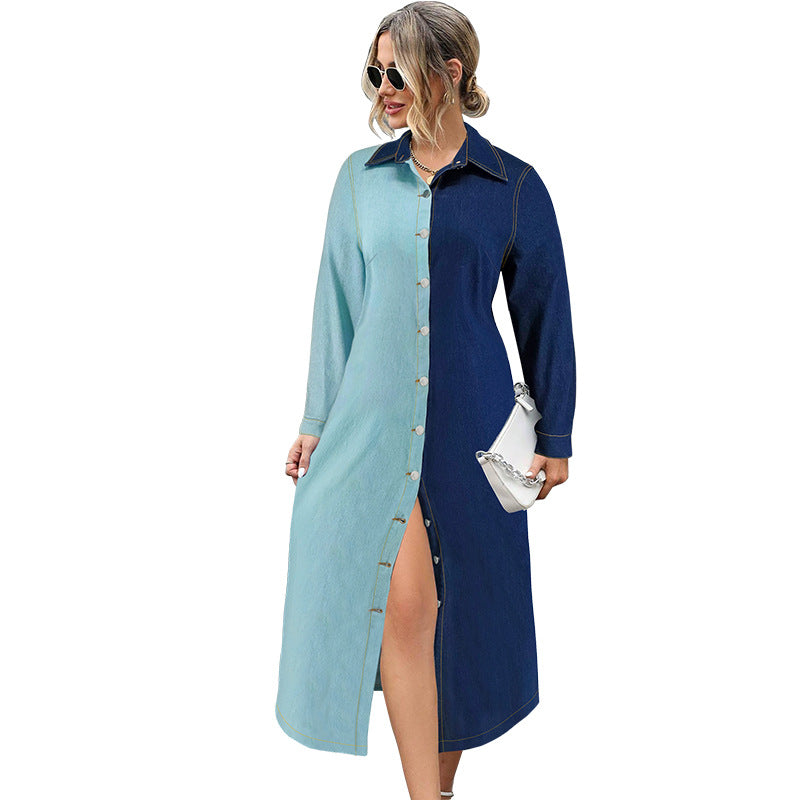 Beautiful denim stitching on a two-tone denim shirt dress with long sleeves and buttons