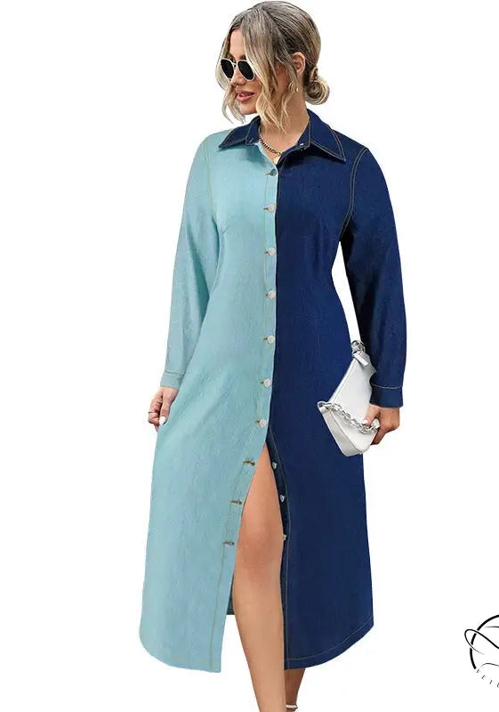 Beautiful denim stitching dress with two-tone long sleeves and buttons