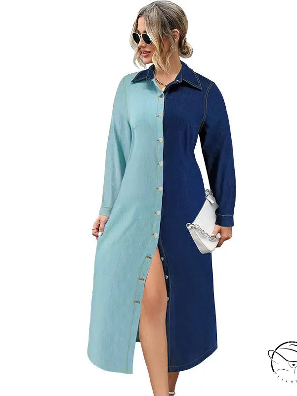 Beautiful denim stitching dress with two-tone long sleeves and buttons