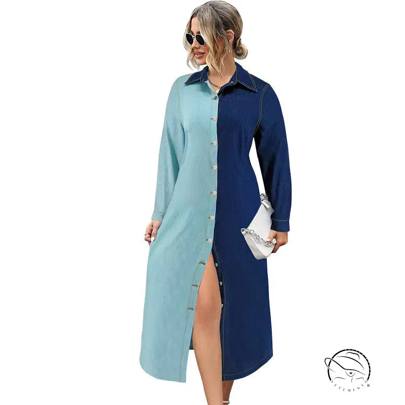 Beautiful denim stitching dress with two-tone long sleeves and buttons