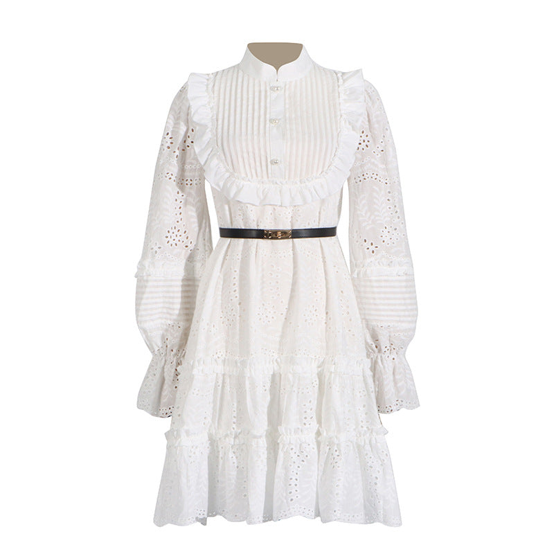 French Vintage Summer Stand Collar Embroidery Dress