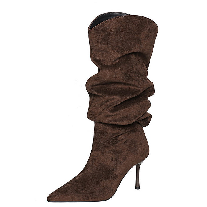 Langry fashion brown suede knee-high boots with ruched upper and slender heel