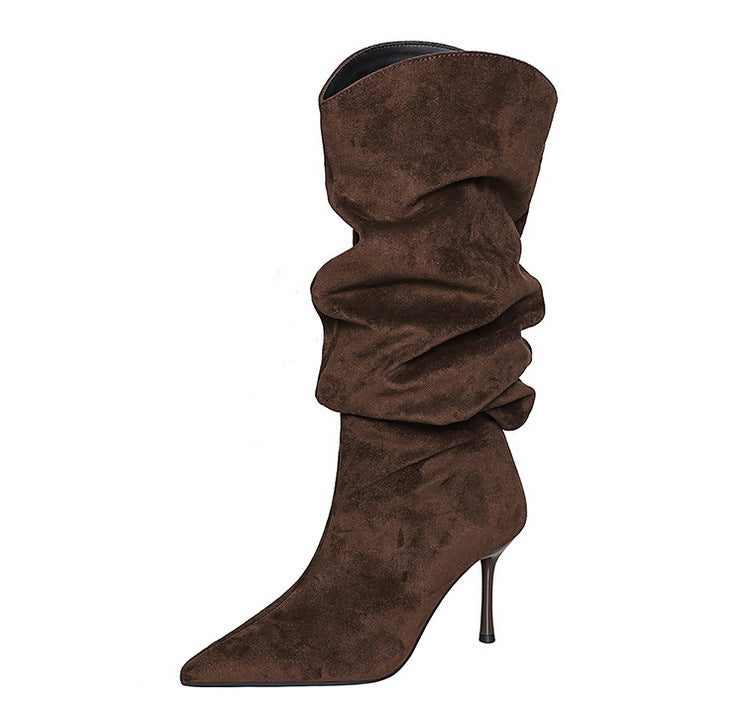 Langry fashion brown suede knee-high boots with ruched upper and slender heel