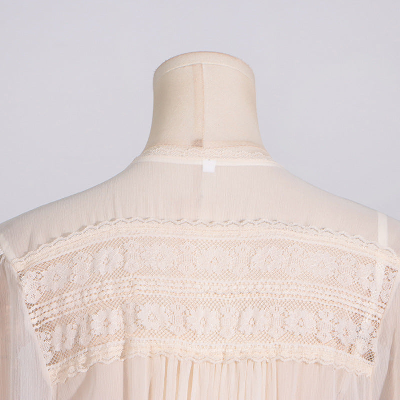 Cream-colored lace-trimmed blouse from Langry fashion collection, perfect for elegant ملابس styles