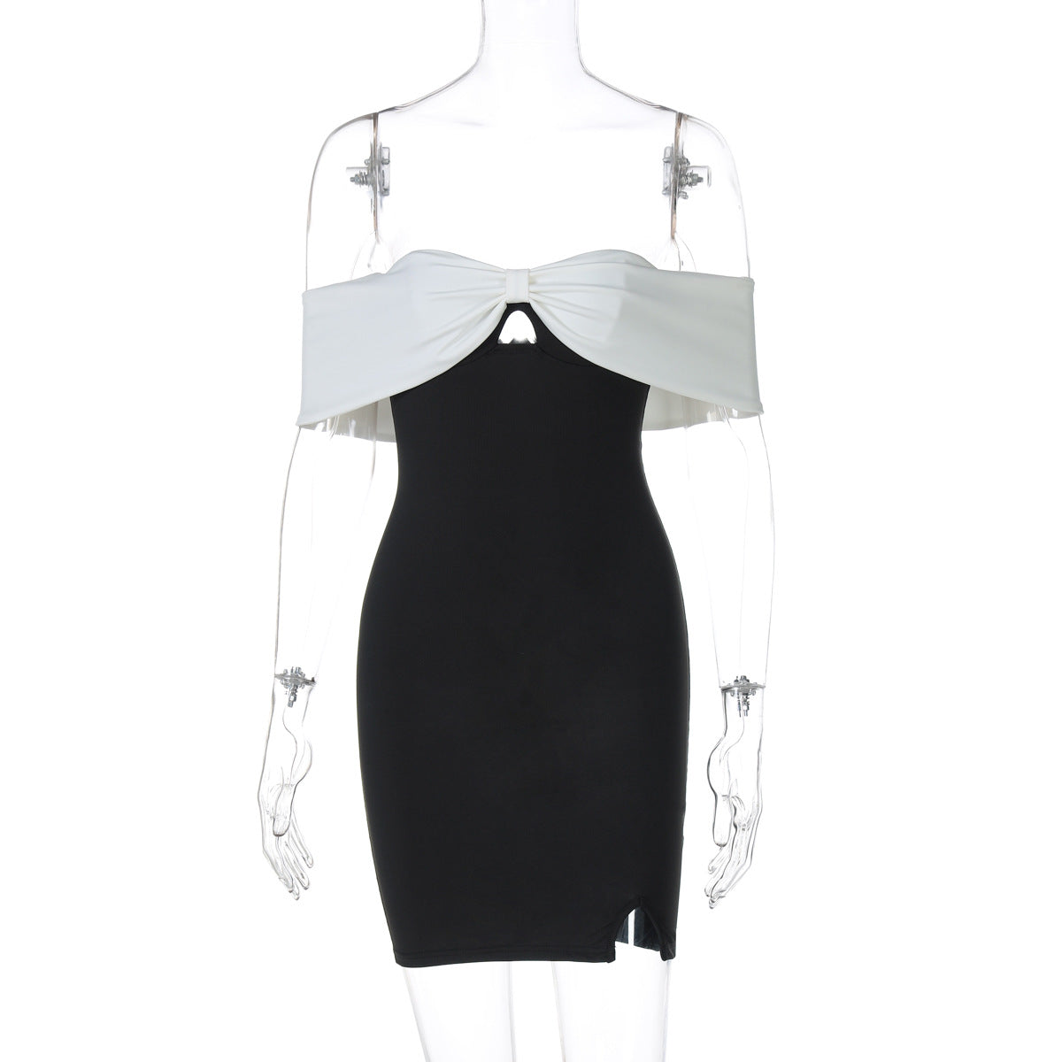Elegant Slim Fit Short Dress featuring a black bodycon design with white ruffles in fashion