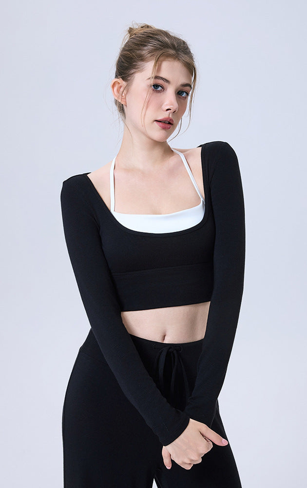 Black Langry fashion yoga crop top with white straps