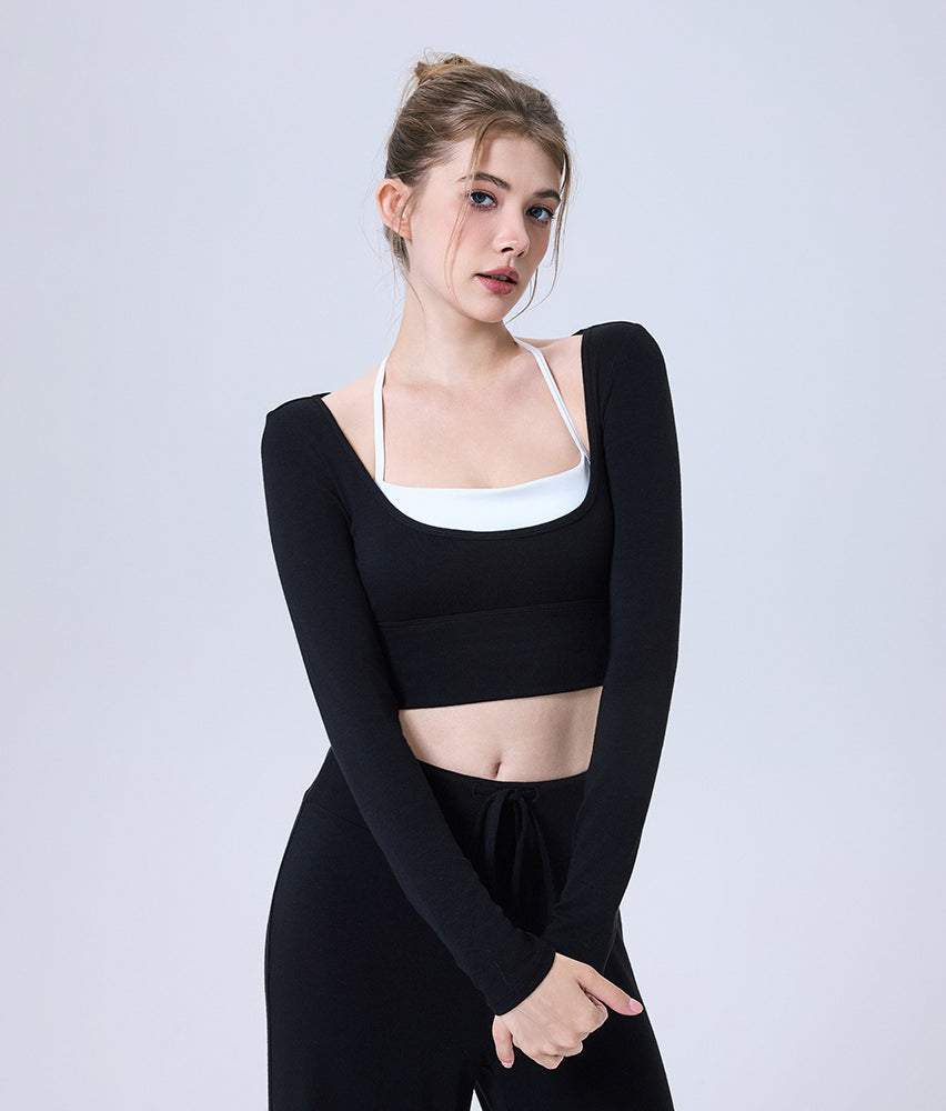 Black Langry fashion yoga crop top with white straps