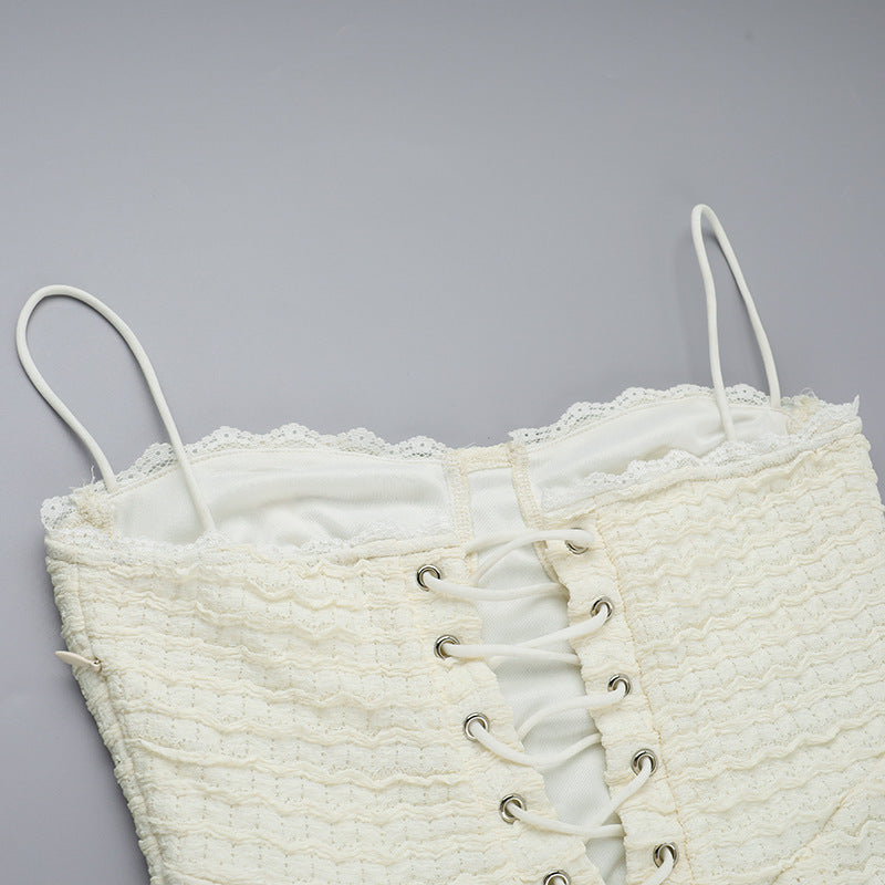 White lace-up corset top featured in Autumn Classic split dress for women’s fashion