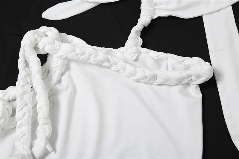 White braided-strap top from Summer Backless Slit Stitching Strap Irregular Dress Women for elegant fashion looks