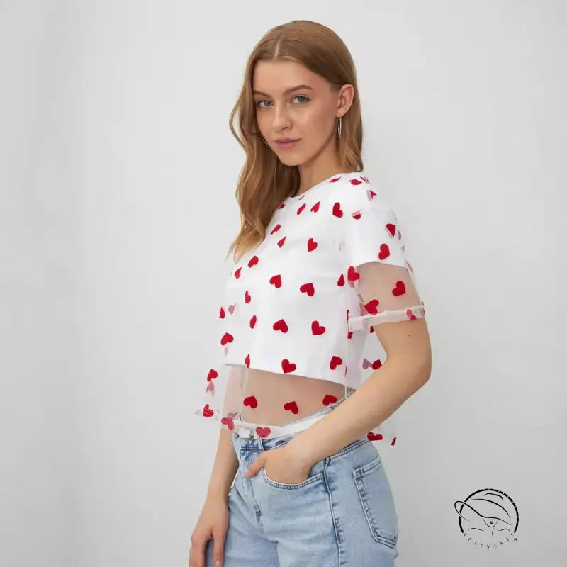 Elegant faux cotton short white cropped t-shirt with red heart print