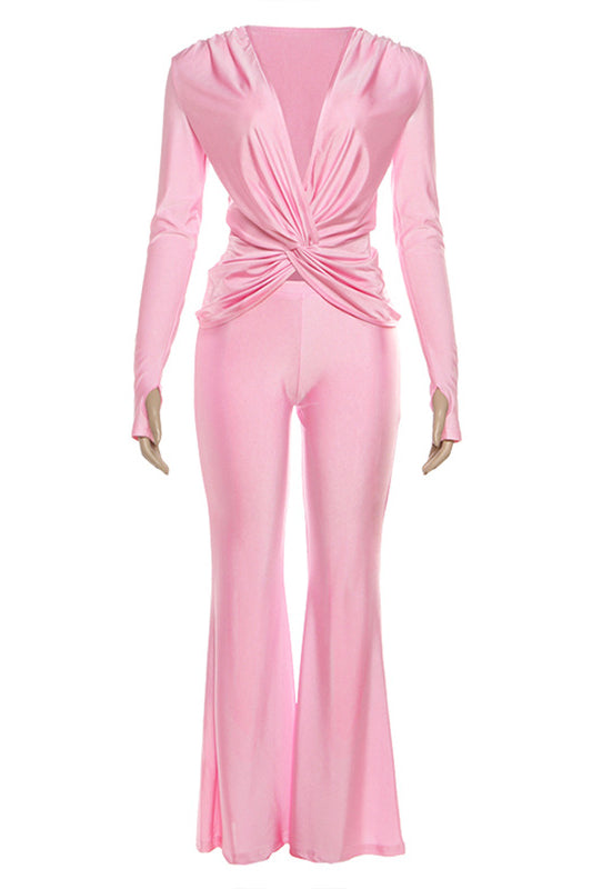 Pink satin long sleeve jumpsuit with front twist and high waist design