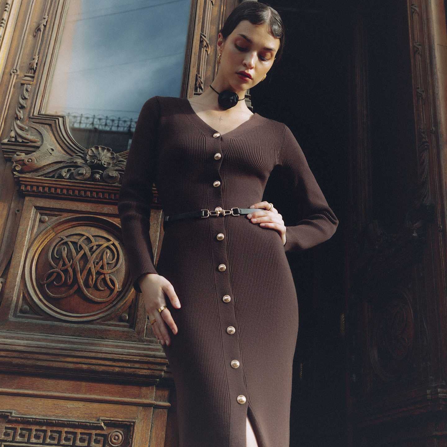 Brown long sleeve knitted dress styled in fashionable Cardigan Long Sleeve Knitted Dress