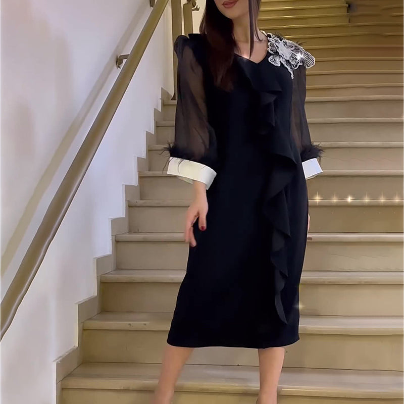 Elegant black long sleeve dress with sheer sleeves in Autumn V neck fashion design