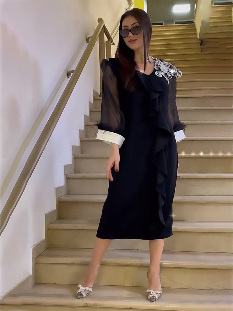 Elegant black long sleeve dress with sheer sleeves in Autumn V neck fashion design