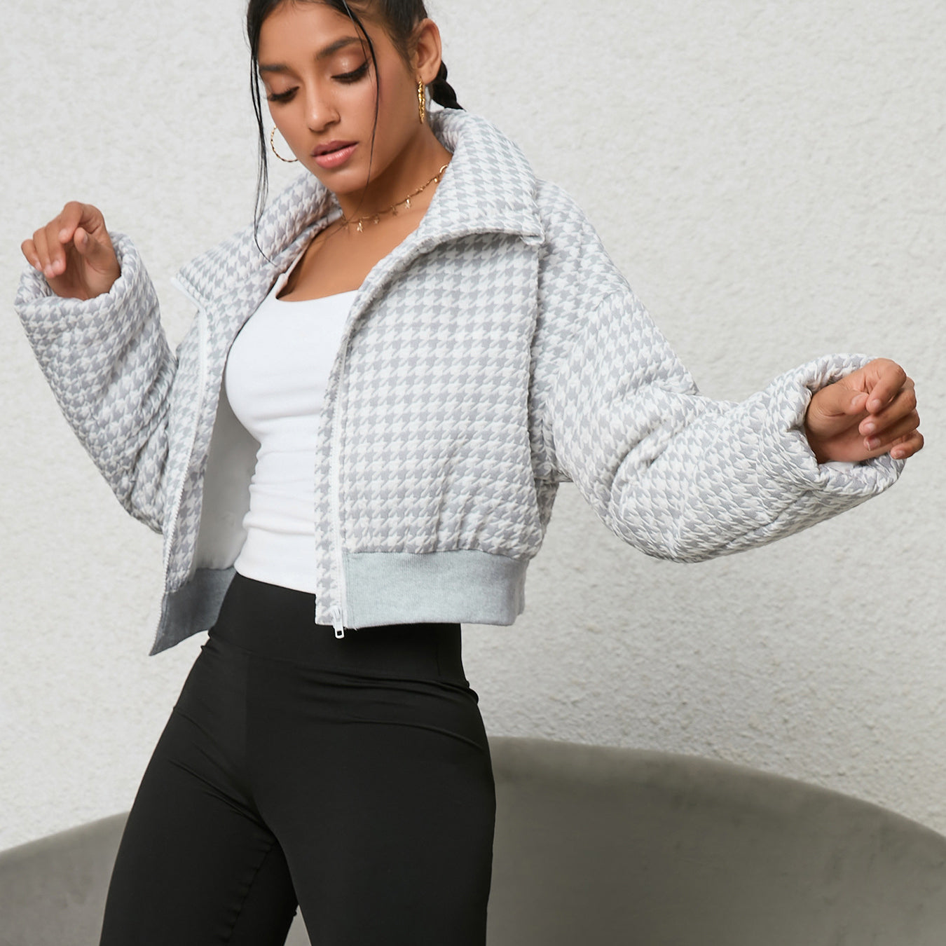 Houndstooth cropped jacket in Cozy Cotton Padded Jacket, perfect for stylish ملابس fashion
