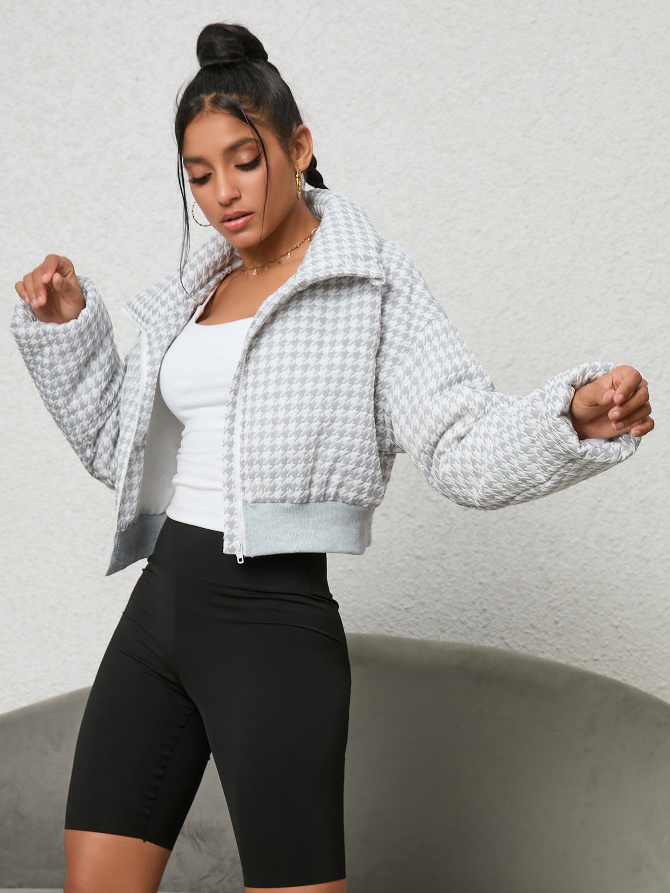 Houndstooth cropped jacket in Cozy Cotton Padded Jacket, perfect for stylish ملابس fashion