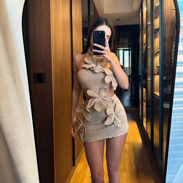 Beige Beach Holiday Halter Floral Dress with decorative appliques shown in a mirror selfie