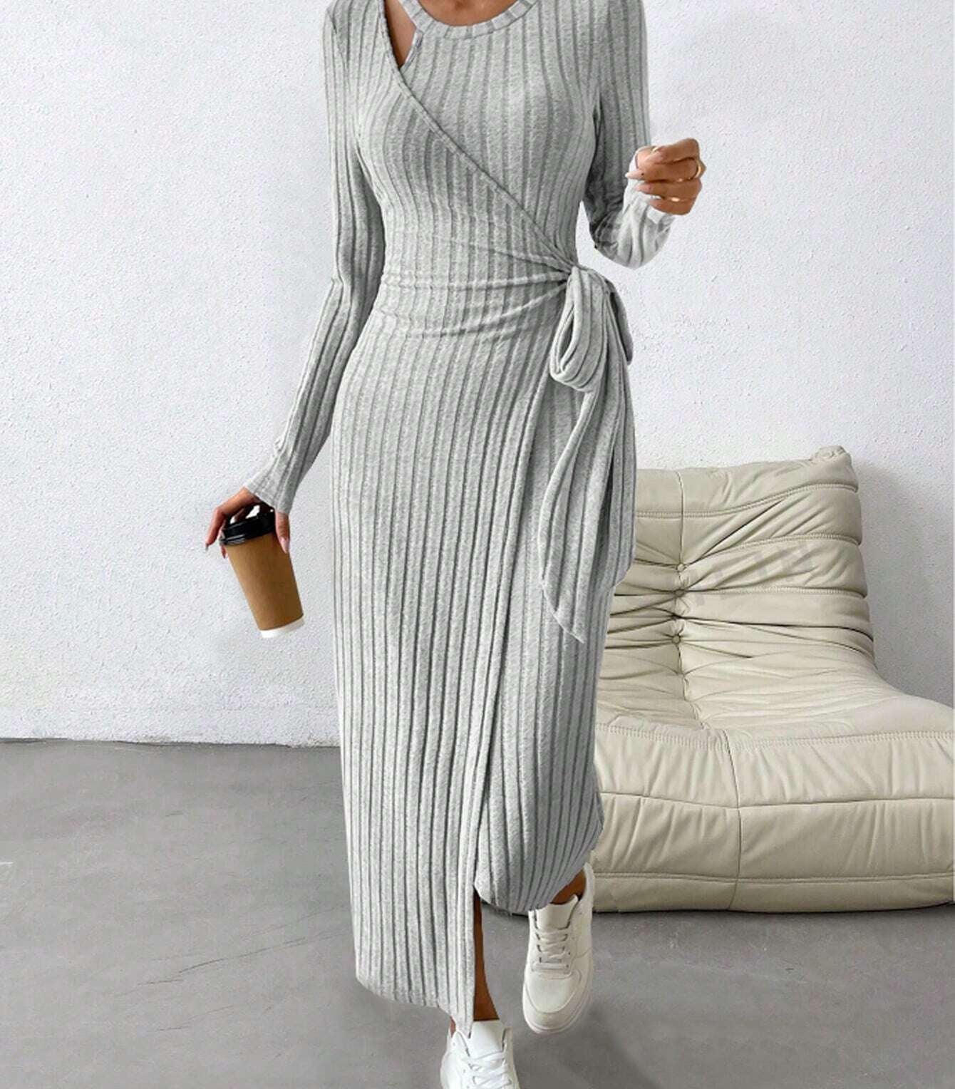 Stylish gray ribbed knit maxi dress with long sleeves and side slit