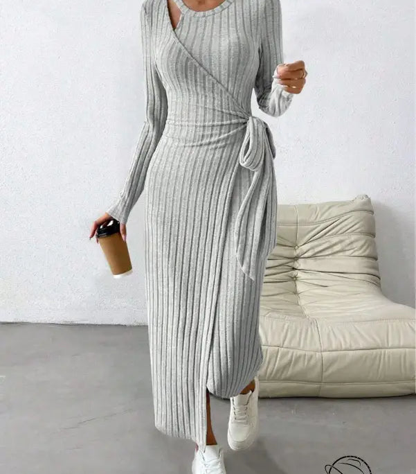 Stylish gray ribbed knit maxi dress with long sleeves and side slit