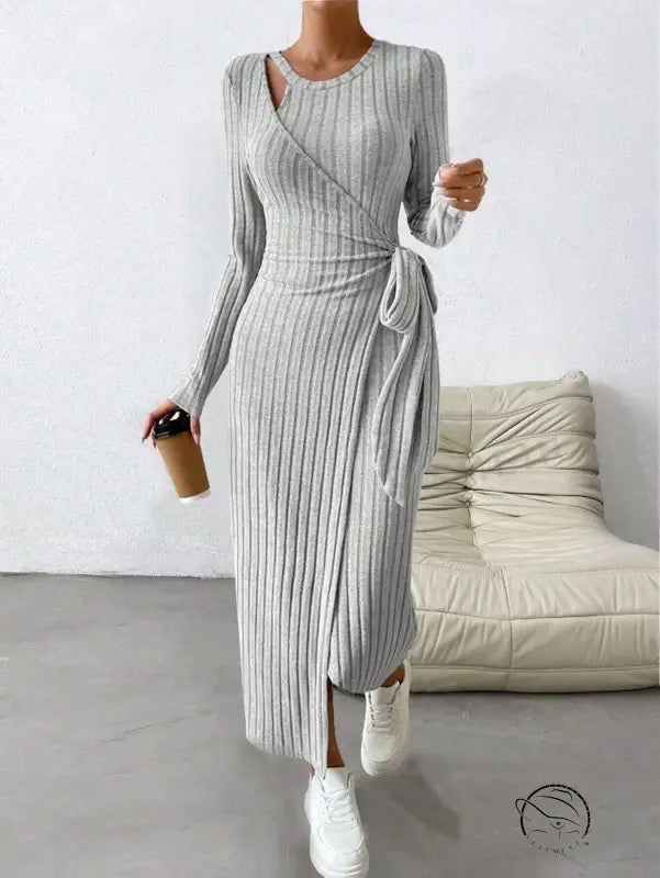 Stylish gray ribbed knit maxi dress with long sleeves and side slit