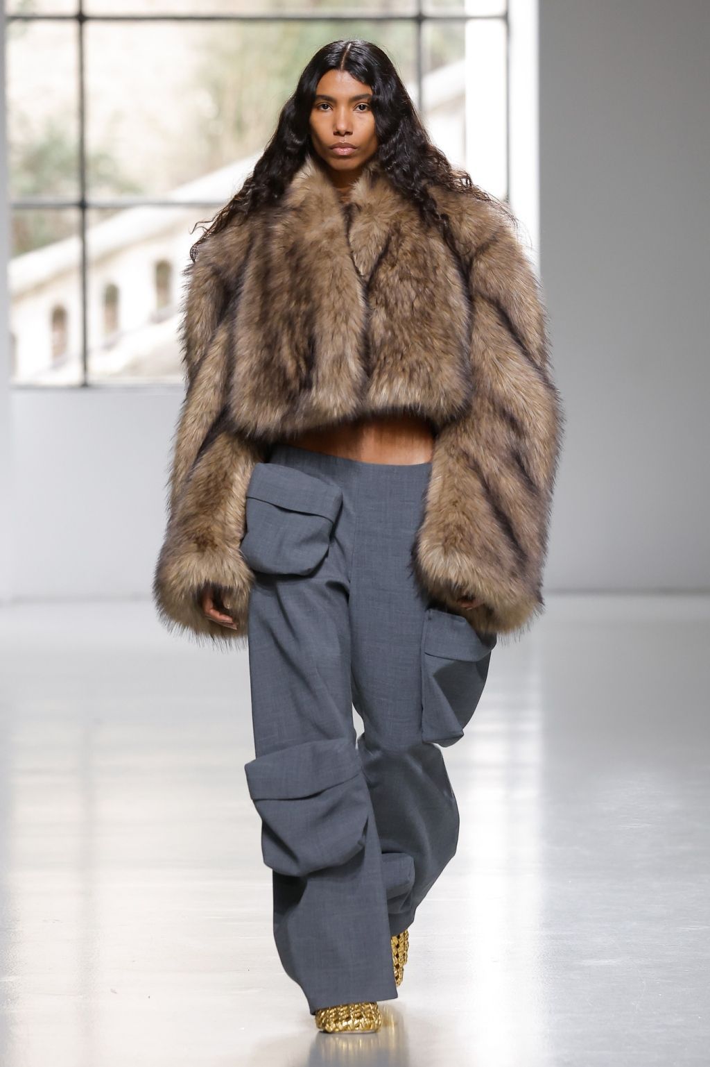 Fur Short Coat with Cargo Pants fashion ensemble showcasing trendy ملابس for a stylish look