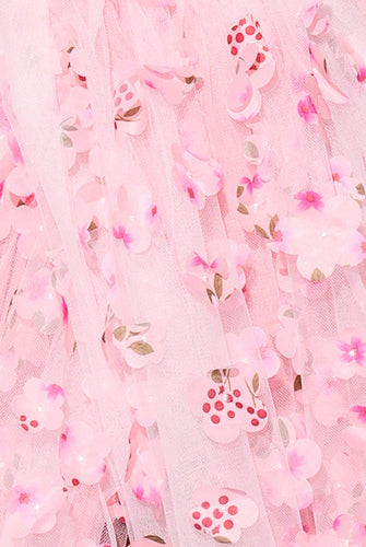 Pink floral-patterned fabric on elegant square collar Bohemian evening dress