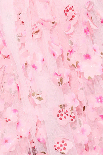 Pink floral-patterned fabric on elegant square collar Bohemian evening dress