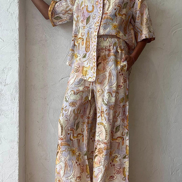 Printed pajama set from Summer Casual Pocket Half Sleeve Suit combines stylish langry fashion and ملابس comfort