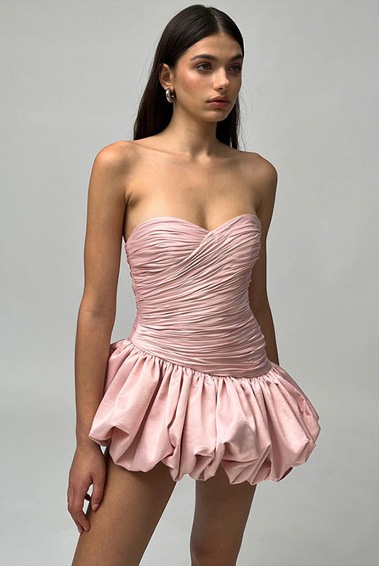 Pink strapless mini dress with ruched bodice and bubble hem from Women Clothing Summer Collection