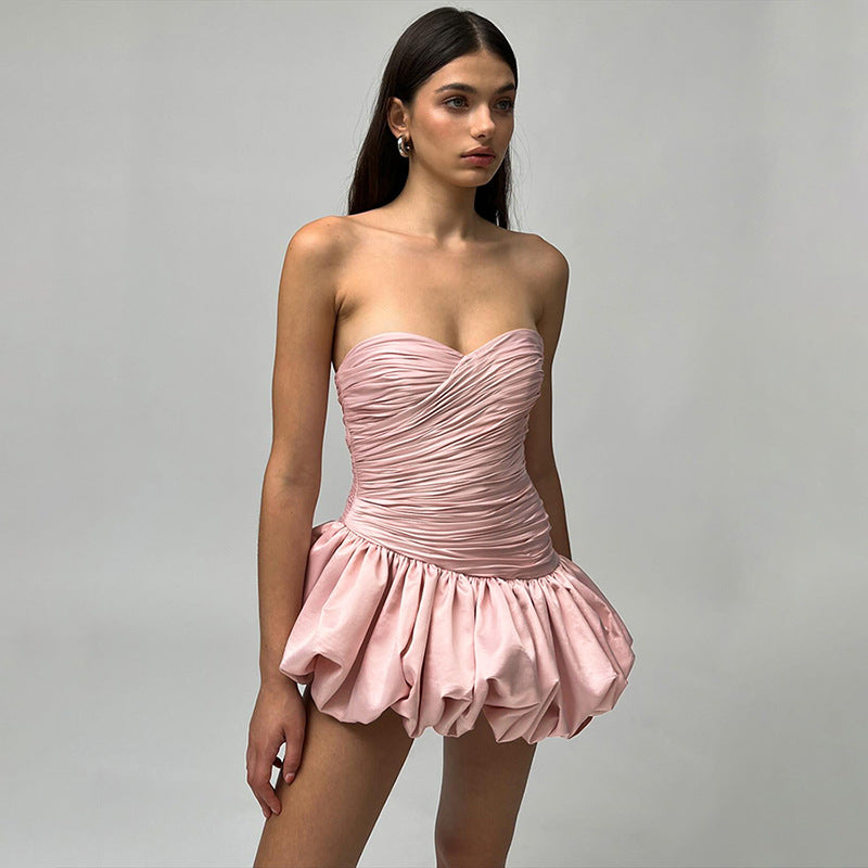 Pink strapless mini dress with ruched bodice and bubble hem from Women Clothing Summer Collection