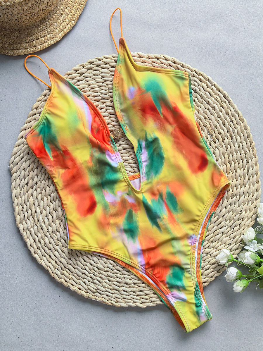 Yellow tie-dye one-piece swimsuit for women, perfect for fashion-forward ملابس choices
