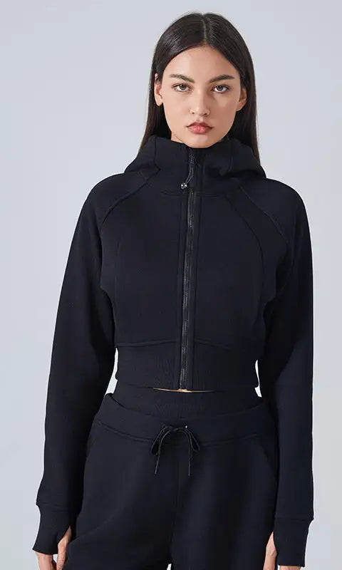 Black cropped hooded cardigan sweater in zip-up hoodie and sweatpants