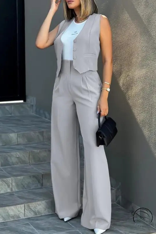 Elegant vest jacket wide leg pants set in gray for women