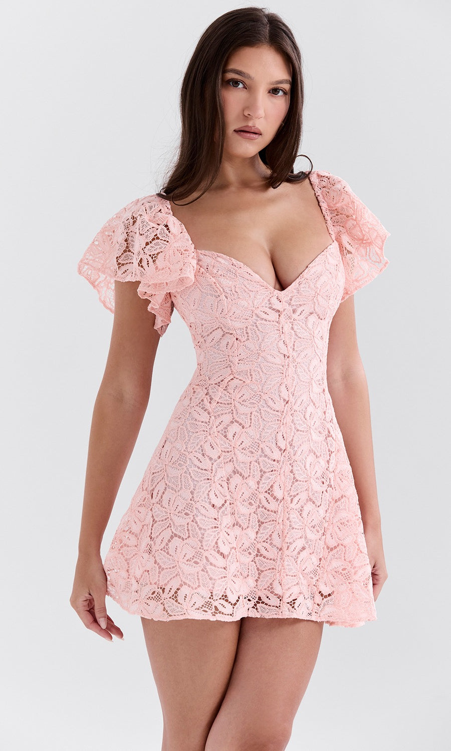 Elegant Daily Short Dress in pink lace featuring puff sleeves and sweetheart neckline