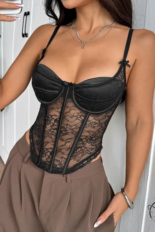 Bow simple breathable lace corset bra in black with adjustable straps and front tie