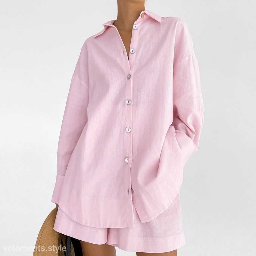 Light pink cotton linen pajamas suit featuring a shirt and shorts set for optimal comfort