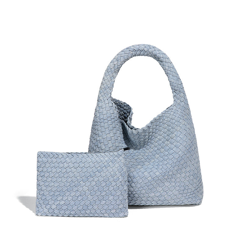 Handmade Woven Bag featuring a stylish blue handbag and matching pouch for fashion lovers