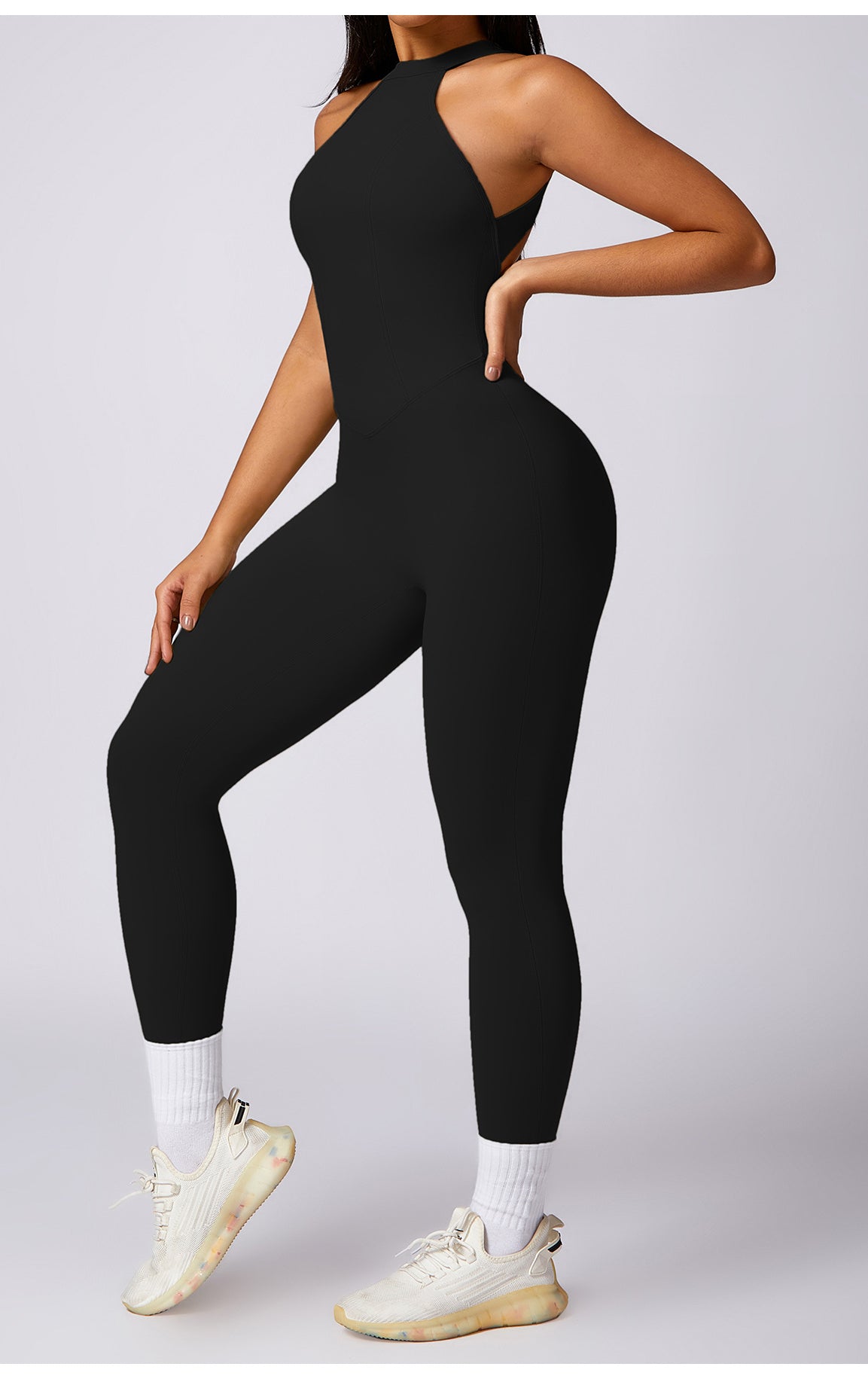 Black langry high-neck yoga jumpsuit with shoulder cutouts, fashion ملابس